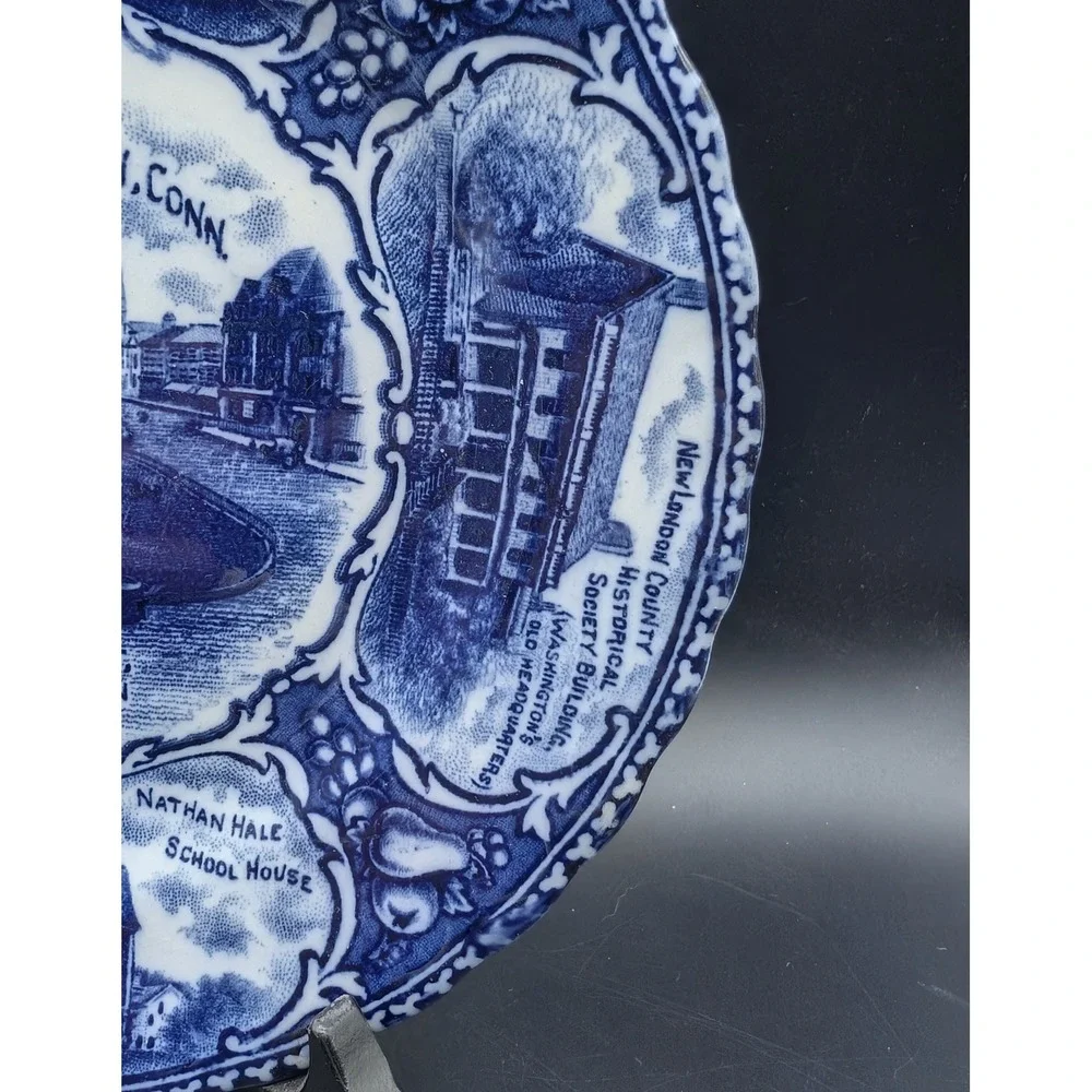 Antique Flow Blue Views of New London Conn Souvenir Plate England Transferware